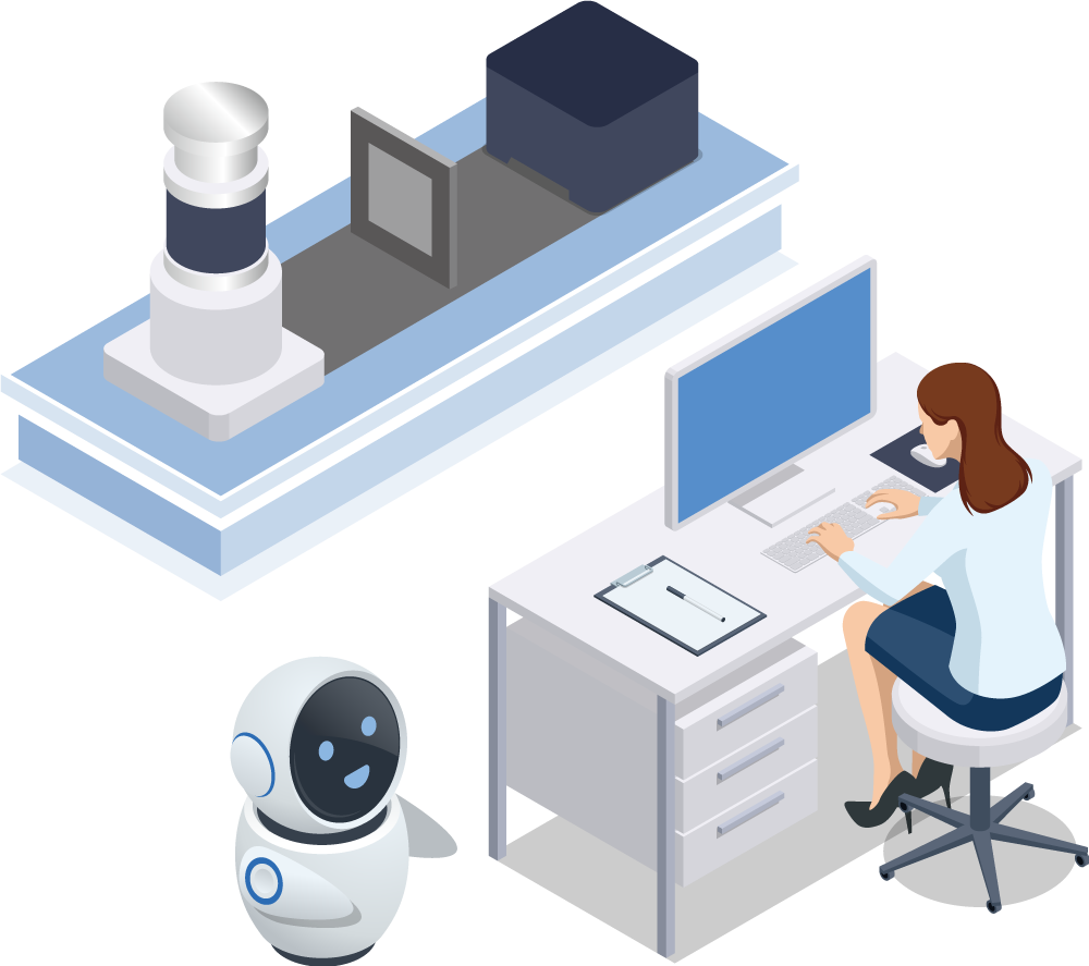 机で作業する女性とロボット